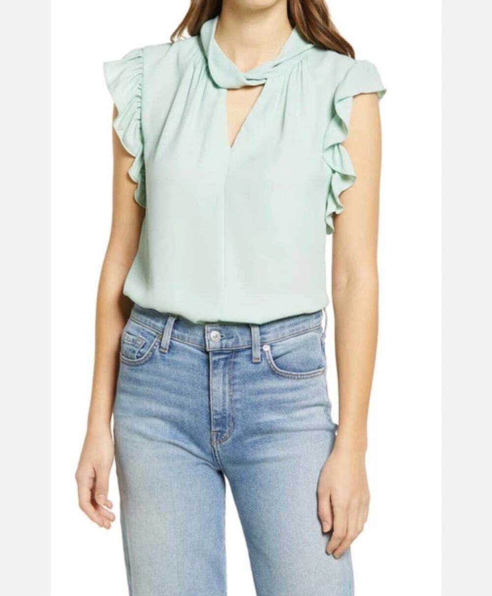 Halogen Twist Neck Sleeveless Top Womens S Mint Green Keyhole Ruffle Back Zipper